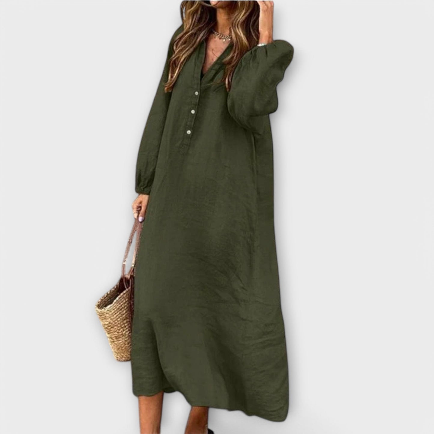 Variant image for Lniana sukienka khaki z dekoltem w szpic-5