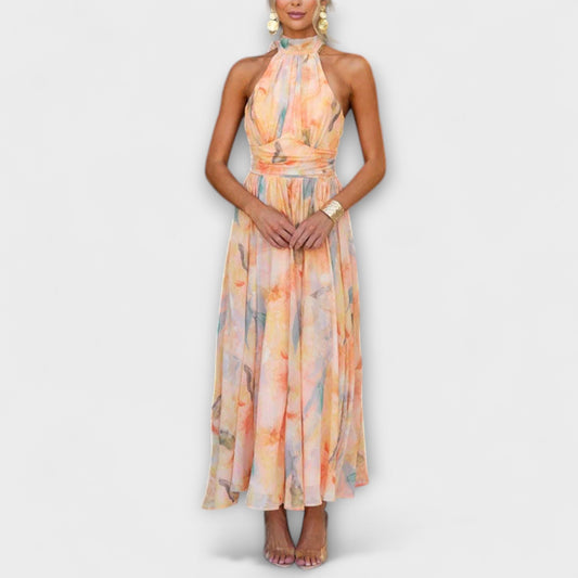 Maria | Sukienka Maxi z Dekoltem Halter w Wzór Akwarelowy