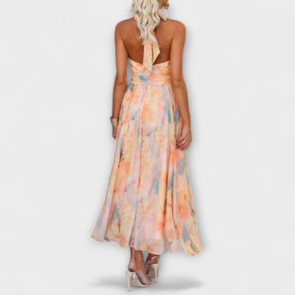 Maria | Sukienka Maxi z Dekoltem Halter w Wzór Akwarelowy