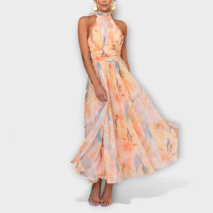 Maria | Sukienka Maxi z Dekoltem Halter w Wzór Akwarelowy