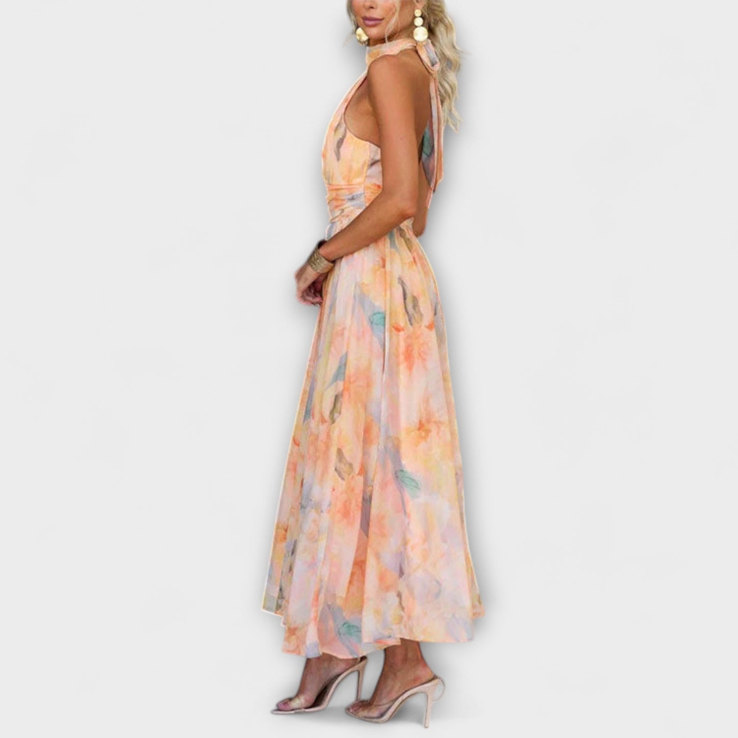 Maria | Sukienka Maxi z Dekoltem Halter w Wzór Akwarelowy